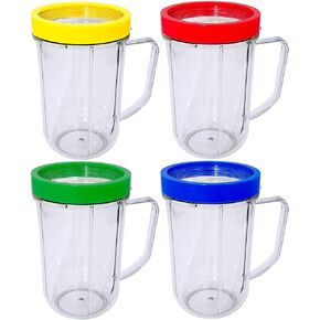 4pcs Party Cups Mugs Compatible with Original Magic Bullet Juicer/extra Magic Bullet Party cups/ 16 Ounce Party Mugs Cups with Colored Lip Rings, Fits Original Magic Bullet Blender Juicer 250W MB-1001