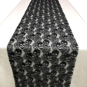 2 pcs Lace Table Runner, Black Skull & Rose Pattern Lace Material Table Runner for Party Decor, 14 * 72'' Rectangle Lace Fabric for Desk Runner