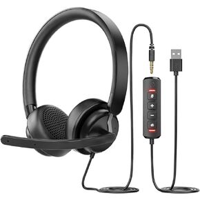 Headset with Mic, USB Headset with Microphone, Computer Headset with Noise Canceling Microphone for PC Laptop, in Line Mute Controls, Wired Headset for Work from Home /Office/Call Center/Teams/Zoom