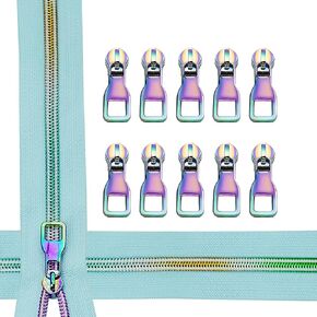 #5 Rainbow Zipper by The Yard with Pulls, Purple Zipper Tape with Rainbow Teeth(5Yds) and Rainbow Metal Zipper Pulls(10Pcs, TypeA), Colorful Nylon Coil Zippers for Sewing Purse,Bag,Jacket