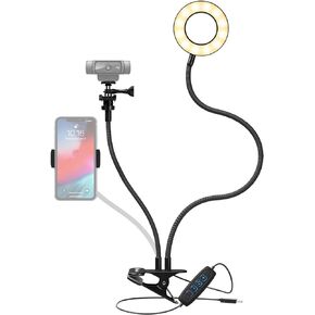 Knox Gear Clip On Selfie Ring Light Stand with Flexible Arm and Interchangeable Cell Phone Holder and Webcam/Camera Mount - Clamp to Laptop/Desktop/Desk for Streaming, Video Recording, Conferencing