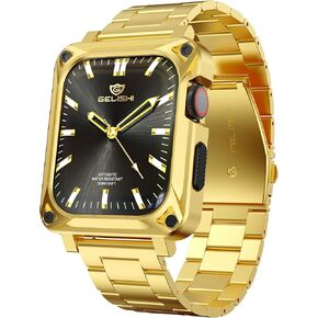 GELISHI Compatible with Apple Watch Band 44mm Men,Metal Rugged Case Bumper Full Protective Cover with Stainless Steel Band Replacement Strap for Watch Series 6 SE 5 4, Gold