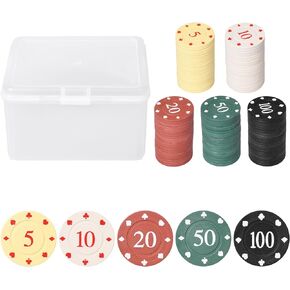 Poker Chips, Denomination Poker Chips Set with Storage Box, Plastic Chips for Games, Colorful Poker Chips, Poker Chips 100, Counting Chips, Mini Poker Chips for Homes Casino Card Games（5/10/20/50/100