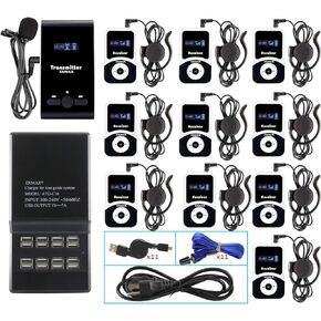 EXMAX® ATG-100T 195MHz Wireless Tour Guide System Voice Transmission Microphone Earphone Headset for Church Translation Silent Conference Travel Traning (1 Transmitter 10 Receivers Charging Base)
