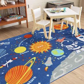 HUAHOO Kids Rug Educational Learning Carpet Galaxy Planets Stars Blue Children's Fun Area Rug Nursery Rugs Solar System Rectangle Rug (Stars, 39"x51") (39'' x 51'')