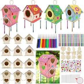 12 Sets DIY Wooden Birdhouses Wind Chime Craft Kit to Build and Paint,Wooden Unfinished Bird House with Watercolor Pen and Strips for Boy Girl Wood Crafts Creative DIY Art Bulk Painting Kits (12 Big)
