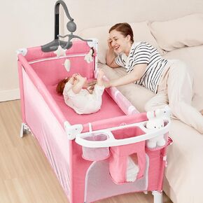ANGELBLISS 5 in 1 Baby Bassinet, Bedside Crib & Playpen, Pack and Play Bassinet with Diaper Changer and Removable Rocker, Easy Folding Portable Crib with Mobile, Sheet & Mattress (Grey)
