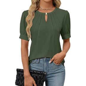 Blooming Jelly Womens Dressy Casual Tops Keyhole Business Work Blouses Pleated Puff Sleeve Summer Shirts 2024