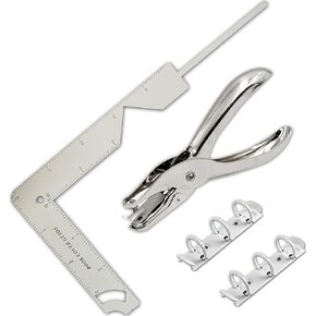 Book Cover Guide Set with Hole Punch and Binder,5-in-1 Stainless Steel Bookbinding Cover Ruler,Hole Punch and 2Pcs 3-Ring Metal Binder Mechanisms Kits for Journal, Album, Planner, Calendar