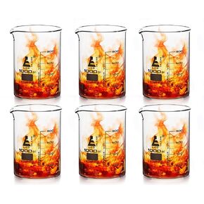 EISCO 6PK Beakers, 1000mL - Low Form with Spout - White, 100mL Graduations - Borosilicate Glass