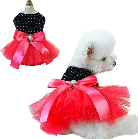 Black Polka Dot Dog Dress with D-Ring, Puppy Wedding Attire for Small Dog Girl,Cat Birthday Outfit, Red Tutu Party Dress for Kitten Chihuahua Yorkie Pomeranian (Black, X-Small) in Saudi Arabia
