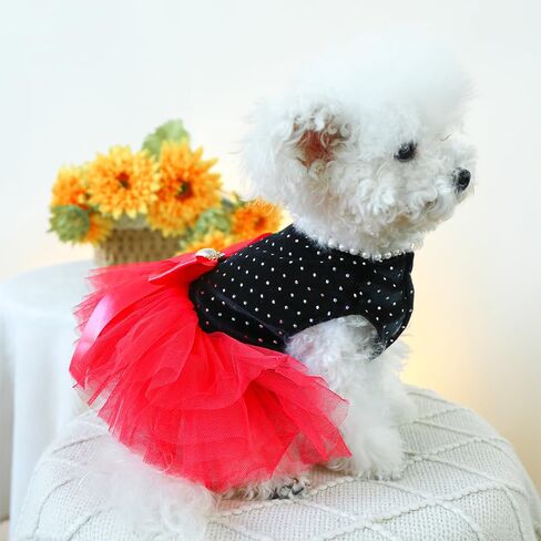 Black Polka Dot Dog Dress with D-Ring, Puppy Wedding Attire for Small Dog Girl,Cat Birthday Outfit, Red Tutu Party Dress for Kitten Chihuahua Yorkie Pomeranian (Black, X-Small) in Saudi Arabia