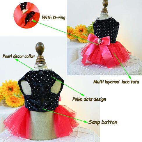 Black Polka Dot Dog Dress with D-Ring, Puppy Wedding Attire for Small Dog Girl,Cat Birthday Outfit, Red Tutu Party Dress for Kitten Chihuahua Yorkie Pomeranian (Black, X-Small) in Saudi Arabia