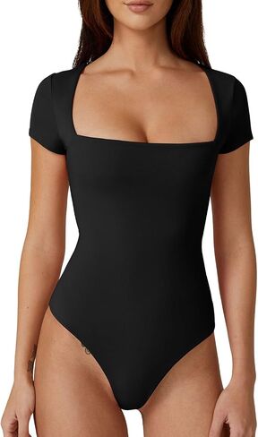 QINSEN Women's Square Neck Short Sleeve Bodysuit Sexy Body Suit Tops Double Lined Shirts in Saudi Arabia