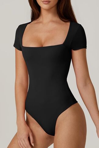 QINSEN Women's Square Neck Short Sleeve Bodysuit Sexy Body Suit Tops Double Lined Shirts in Saudi Arabia