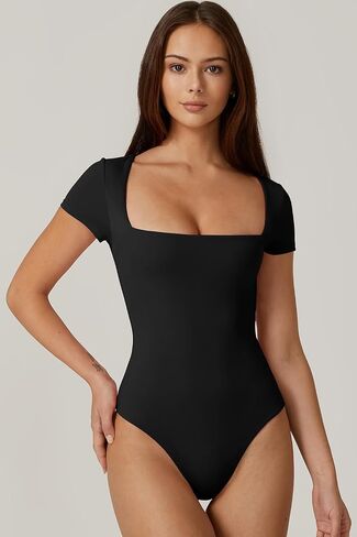 QINSEN Women's Square Neck Short Sleeve Bodysuit Sexy Body Suit Tops Double Lined Shirts in Saudi Arabia
