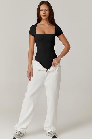QINSEN Women's Square Neck Short Sleeve Bodysuit Sexy Body Suit Tops Double Lined Shirts in Saudi Arabia