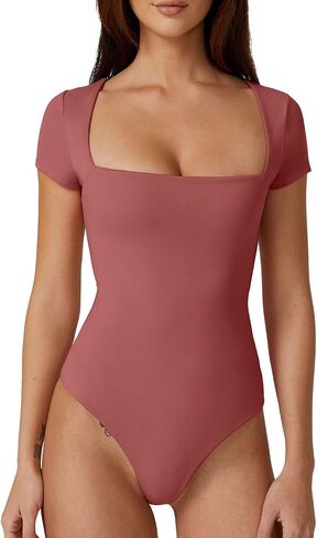 QINSEN Women's Square Neck Short Sleeve Bodysuit Sexy Body Suit Tops Double Lined Shirts in Saudi Arabia