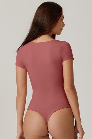 QINSEN Women's Square Neck Short Sleeve Bodysuit Sexy Body Suit Tops Double Lined Shirts in Saudi Arabia