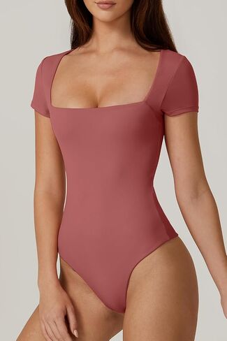 QINSEN Women's Square Neck Short Sleeve Bodysuit Sexy Body Suit Tops Double Lined Shirts in Saudi Arabia
