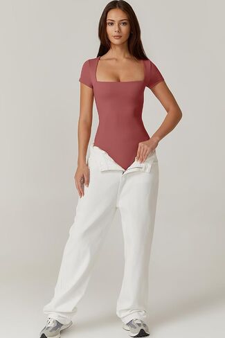 QINSEN Women's Square Neck Short Sleeve Bodysuit Sexy Body Suit Tops Double Lined Shirts in Saudi Arabia