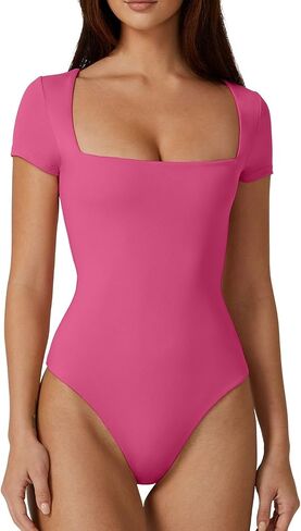 QINSEN Women's Square Neck Short Sleeve Bodysuit Sexy Body Suit Tops Double Lined Shirts in Saudi Arabia