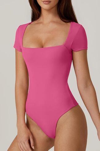 QINSEN Women's Square Neck Short Sleeve Bodysuit Sexy Body Suit Tops Double Lined Shirts in Saudi Arabia