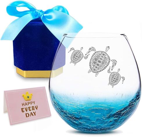 Mothers Day Gift for Mom, Tribal Sea Turtles Handmade Engraved Crackle Turquoise Wine Glass, Gifts for Turtle Lovers Women in Kuwait