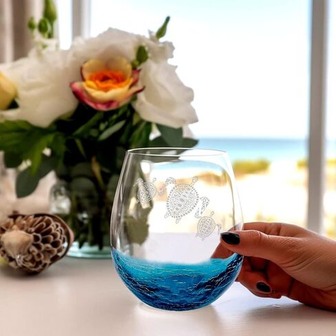 Mothers Day Gift for Mom, Tribal Sea Turtles Handmade Engraved Crackle Turquoise Wine Glass, Gifts for Turtle Lovers Women in Kuwait