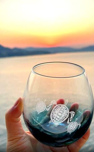 Mothers Day Gift for Mom, Tribal Sea Turtles Handmade Engraved Crackle Turquoise Wine Glass, Gifts for Turtle Lovers Women in Kuwait