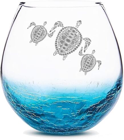 Mothers Day Gift for Mom, Tribal Sea Turtles Handmade Engraved Crackle Turquoise Wine Glass, Gifts for Turtle Lovers Women in Kuwait