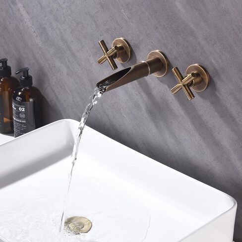 Antique Brass Bathroom Widespread Sink Faucet Wall Mount Faucet Dual Handle with 3 Holes Brass Lavatory Basin Mixer Tap Rough-in Valve Included in Saudi Arabia