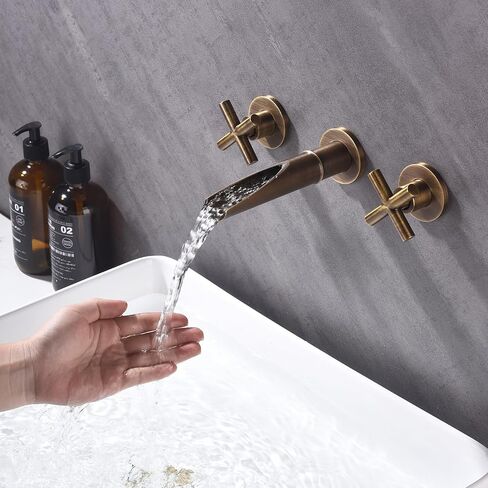 Antique Brass Bathroom Widespread Sink Faucet Wall Mount Faucet Dual Handle with 3 Holes Brass Lavatory Basin Mixer Tap Rough-in Valve Included in Saudi Arabia