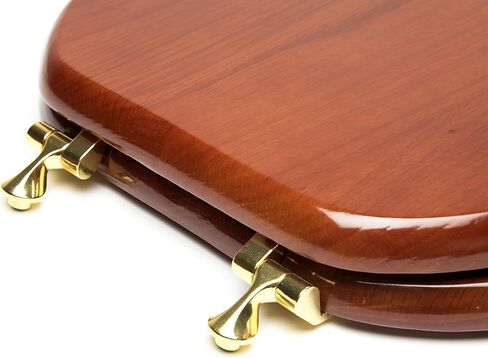 5Q1E2-16BR Solid Oak Traditional Design Toilet Seat with Solid Metal Hinges, Elongated, Mahogany with Polished Brass in Saudi Arabia