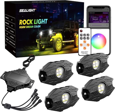 SEALIGHT RGBW Rock Lights for Trucks, 4 Pods Music and Velocity Mode Underglow LED Lighting Kit, Bluetooth APP and Wireless Remote Double Controls, Multicolor Neon Lights Under Off Road Jeep ATV UTV in Kuwait