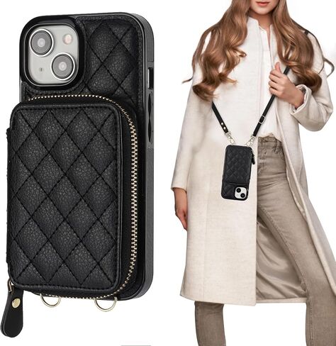 Bocasal Crossbody Wallet Case for iPhone 15, RFID Blocking PU Leather Zipper Handbag Purse Flip Cover, Kickstand Folio Case with Card Slots Holder Wrist Strap Lanyard 5G 6.1 Inch (Black) in Saudi Arabia