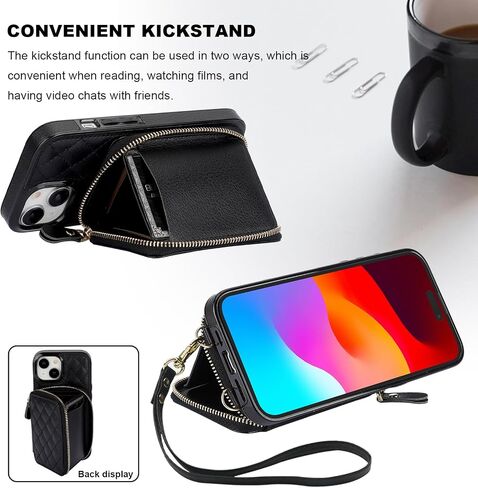 Bocasal Crossbody Wallet Case for iPhone 15, RFID Blocking PU Leather Zipper Handbag Purse Flip Cover, Kickstand Folio Case with Card Slots Holder Wrist Strap Lanyard 5G 6.1 Inch (Black) in Saudi Arabia