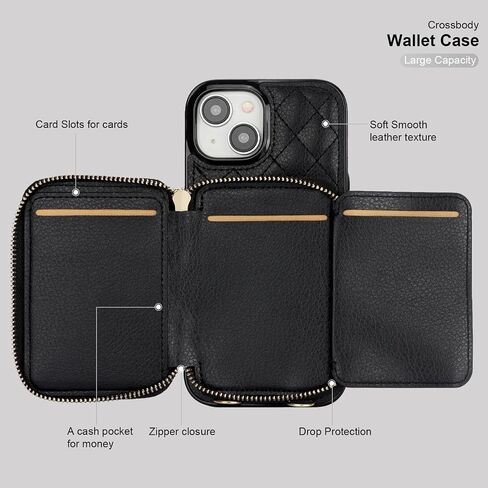 Bocasal Crossbody Wallet Case for iPhone 15, RFID Blocking PU Leather Zipper Handbag Purse Flip Cover, Kickstand Folio Case with Card Slots Holder Wrist Strap Lanyard 5G 6.1 Inch (Black) in Saudi Arabia