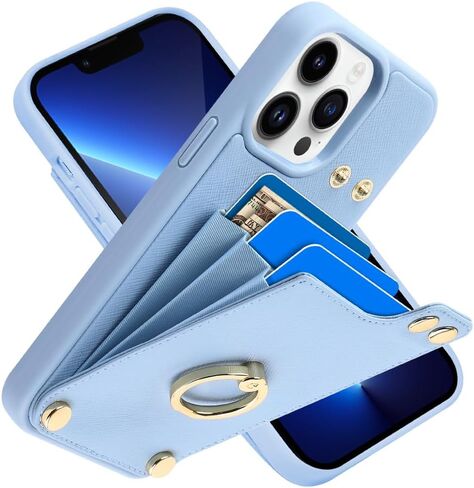 LAMEEKU Wallet Case Compatible with iPhone 13, Case with Card Holder, RFID Blocking Leather Cover 360°Rotation Ring Kickstand Protective Bumper Designed for Apple iPhone 13 6.1'' (2021) Beige in Saudi Arabia