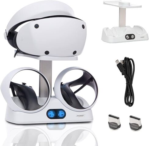 محطة شحن وحدة التحكم PSVR2، حامل شحن وتخزين VR2 لوحدة تحكم Playstation VR2 مع مؤشر LED، 2 مشبك مغناطيسي وكابل من النوع C in Kuwait