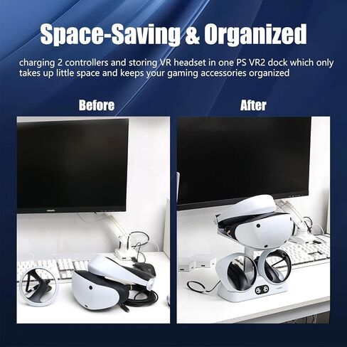 محطة شحن وحدة التحكم PSVR2، حامل شحن وتخزين VR2 لوحدة تحكم Playstation VR2 مع مؤشر LED، 2 مشبك مغناطيسي وكابل من النوع C in Kuwait