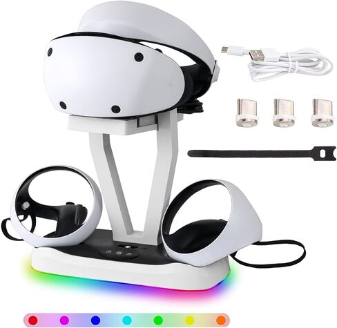 محطة شحن وحدة التحكم PSVR2 مع ضوء RGB، قاعدة شحن مزدوجة سريعة مع مؤشر LED، حامل عرض سماعة الرأس وحامل وحدة التحكم، موصل مغناطيسي، كابل USB إلى النوع C in Kuwait