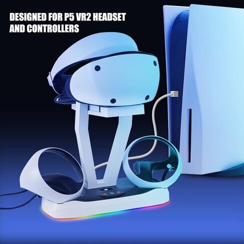 محطة شحن وحدة التحكم PSVR2 مع ضوء RGB، قاعدة شحن مزدوجة سريعة مع مؤشر LED، حامل عرض سماعة الرأس وحامل وحدة التحكم، موصل مغناطيسي، كابل USB إلى النوع C in Kuwait