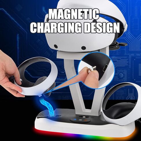 محطة شحن وحدة التحكم PSVR2 مع ضوء RGB، قاعدة شحن مزدوجة سريعة مع مؤشر LED، حامل عرض سماعة الرأس وحامل وحدة التحكم، موصل مغناطيسي، كابل USB إلى النوع C in Kuwait