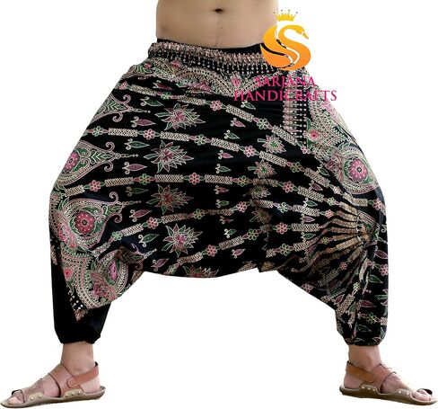 Sarjana Handicrafts Mens Womens Cotton Golden Printed Harem Pants Yoga Drop Crotch Trouser in Saudi Arabia