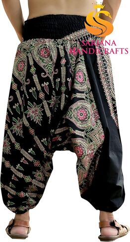 Sarjana Handicrafts Mens Womens Cotton Golden Printed Harem Pants Yoga Drop Crotch Trouser in Saudi Arabia