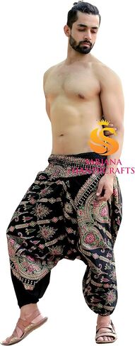 Sarjana Handicrafts Mens Womens Cotton Golden Printed Harem Pants Yoga Drop Crotch Trouser in Saudi Arabia