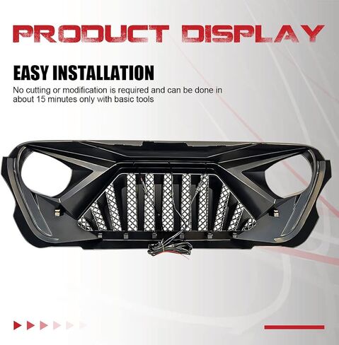 شبكة Rongher الأمامية لشبكة Goliath متوافقة مع 2018-2022 Jeep Wrangler JL & Gladiator JT، مع مصابيح LED كهرمانية، ABS (أسود غير لامع) in Saudi Arabia