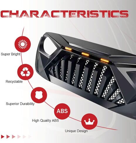 شبكة Rongher الأمامية لشبكة Goliath متوافقة مع 2018-2022 Jeep Wrangler JL & Gladiator JT، مع مصابيح LED كهرمانية، ABS (أسود غير لامع) in Saudi Arabia