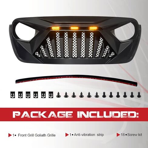 شبكة Rongher الأمامية لشبكة Goliath متوافقة مع 2018-2022 Jeep Wrangler JL & Gladiator JT، مع مصابيح LED كهرمانية، ABS (أسود غير لامع) in Saudi Arabia
